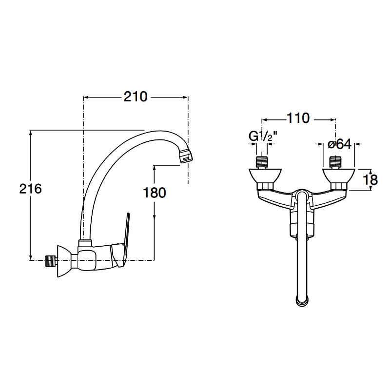 Monomando fregadero pared 11 cm Enkel caño alto tubo CIS