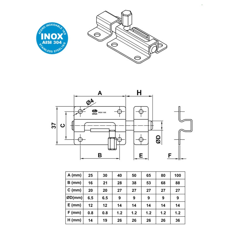 Cerrojo de acero inox Mod. 800-60