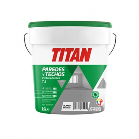 Pintura acrilica titan t3 interiores mate blanco 15l