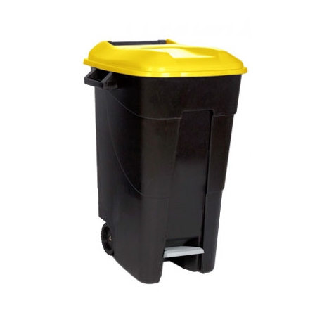 Contenedor residuos tayg negro 120 litros con pedal ruedal tapa amarilla
