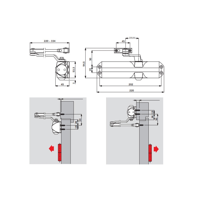 Cierrapuertas con brazo retenedor Mod. TS-68. Plateado.