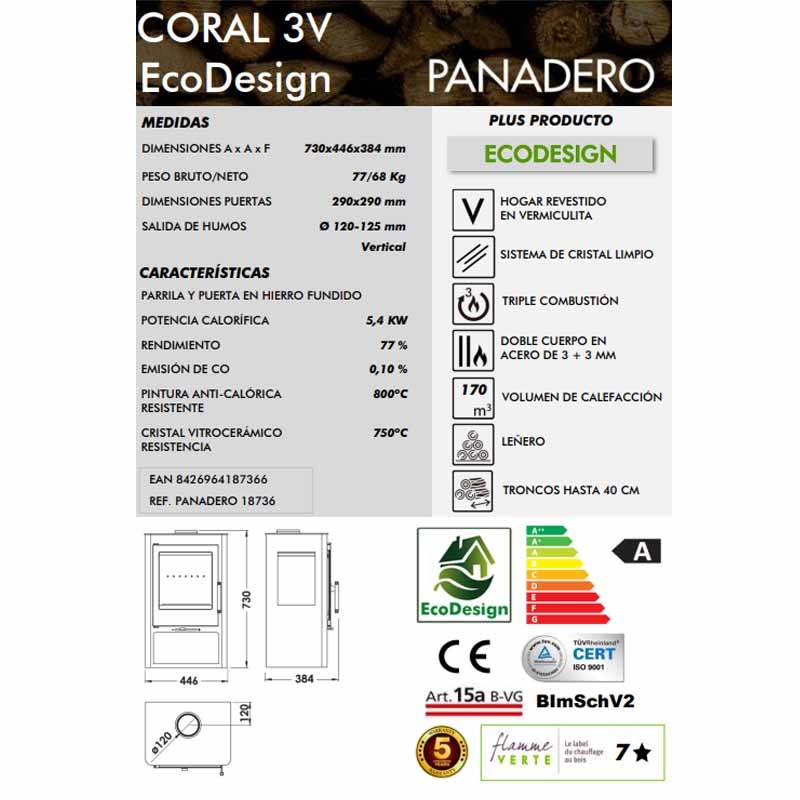 Estufa Leña Con Leñero 6 kw Ecodesign Mod: CORAL 3V Panadero — Ferretería  Luma
