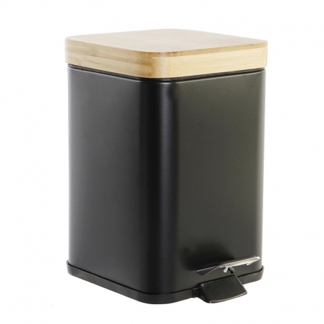 Cubo de baño cuadrado metal negro 3l tapa bambu