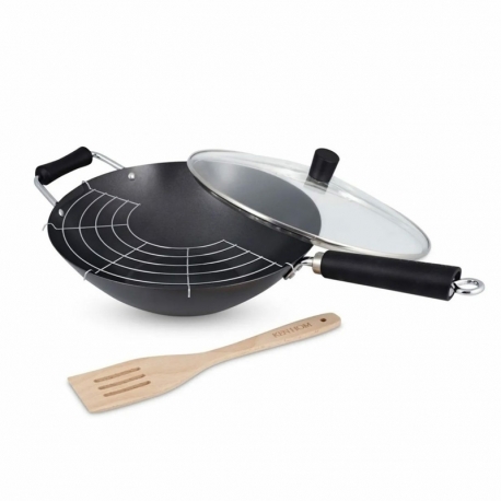 Wok ken hom set 31cm + espatula + tapa vidrio + rejilla