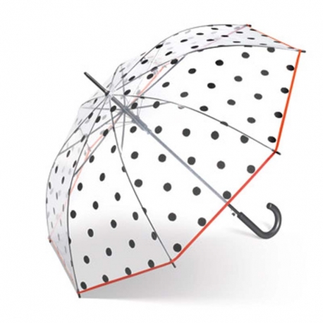 Paraguas largo cuatro gotas automatico transparente topos negros