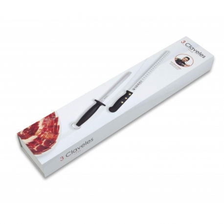 Cuchillo jamonero alveolado y chaira 3 claveles