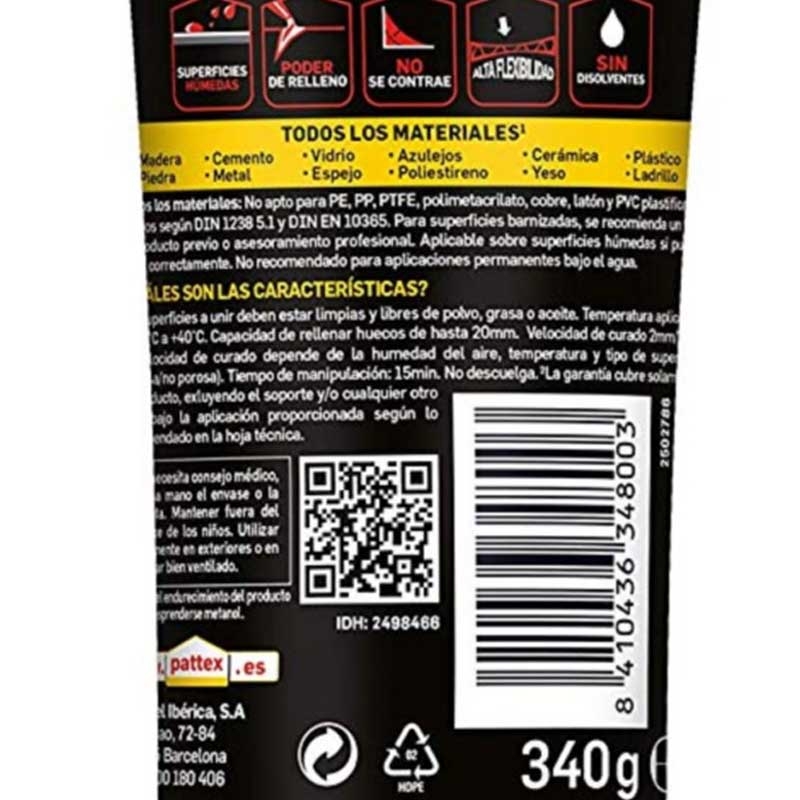 Pattex No Mas Clavos Para Todo HighTack, adhesivo de montaje resistente a  temperaturas extremas, pegamento fuerte en superficies húmedas, adhesivo  blanco, 1 cartucho x 446 g : : Bricolaje y herramientas