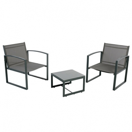 Conjunto jardin mesa acero y 2 sillones textilene antracita