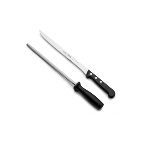 Cuchillo jamonero y chaira universal arcos 250mm estuche