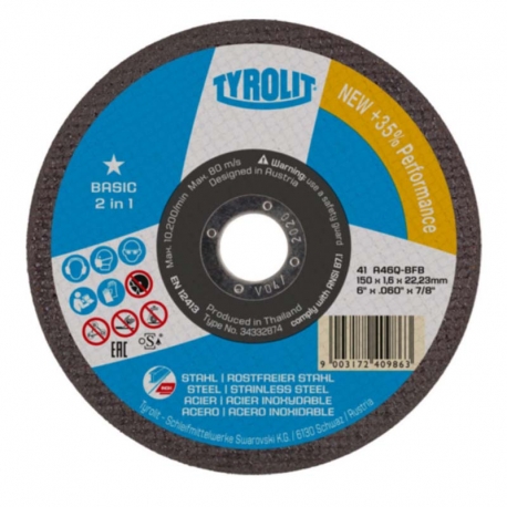 DISCO CORTE TYROLIT BASIC A46Q-BFB ACERO-INOX 125X1,6X22,23MM