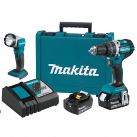 Taladro bateria percutor makita dhp484rte bl 18v lxt 54nm + 2 baterias 5ah+ linterna